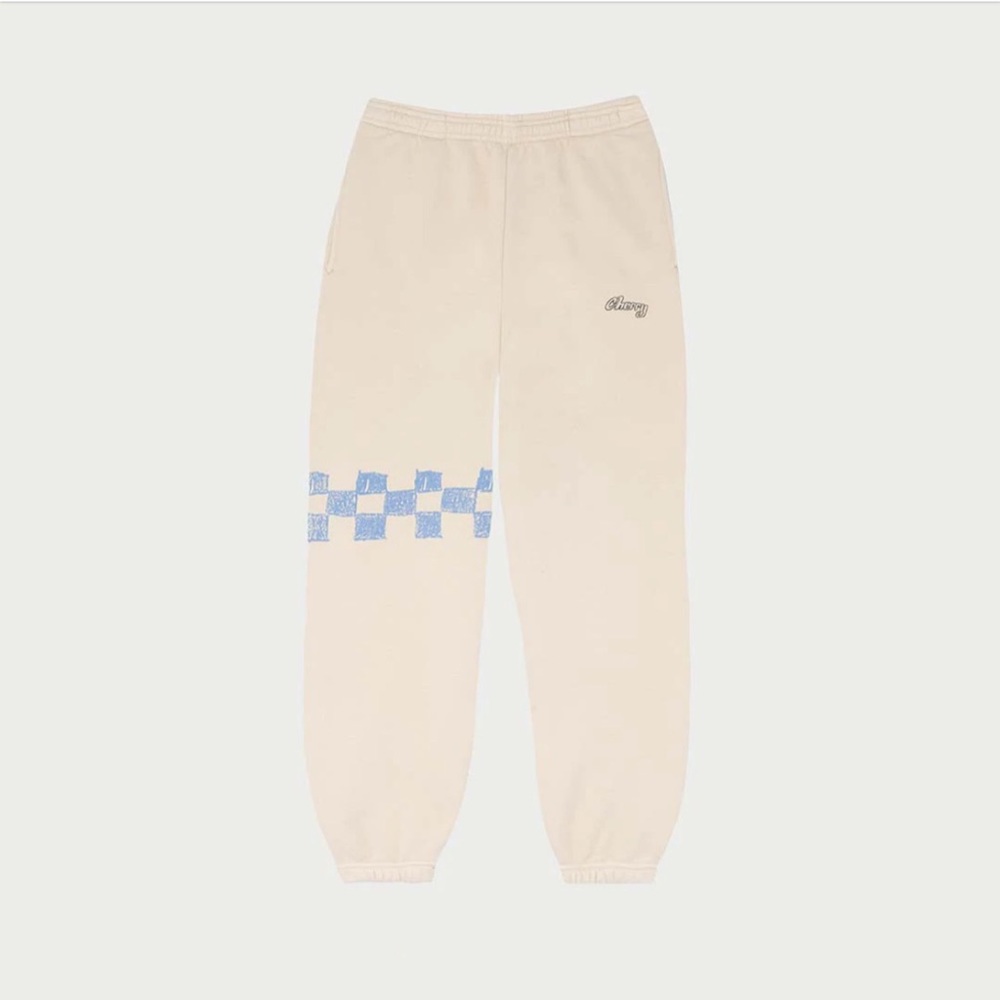 Cherry LA Cream Track Pants with Blue Checker Detail